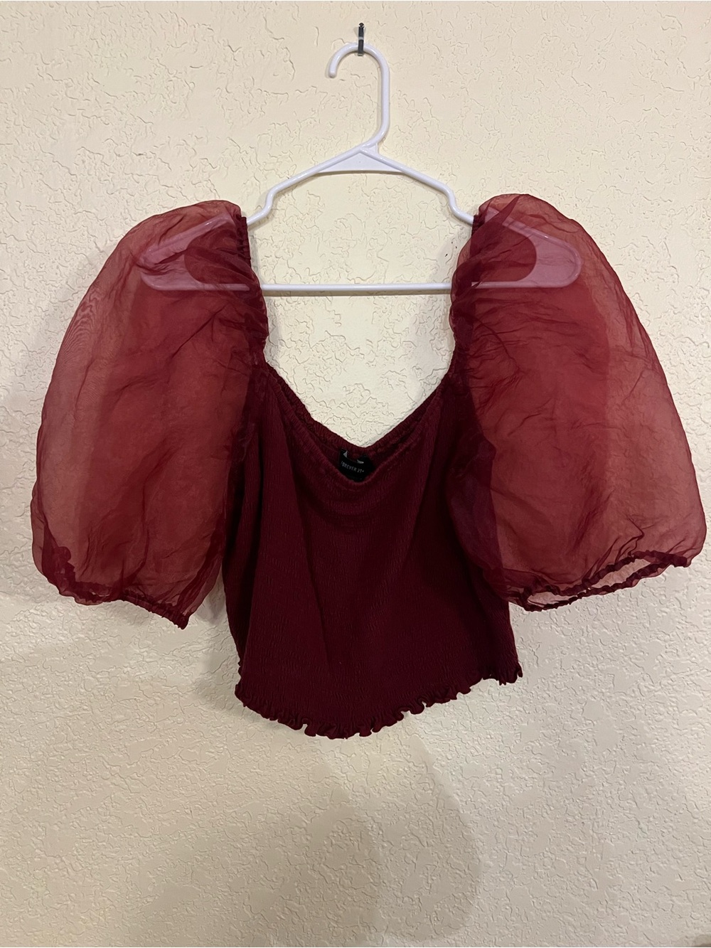 Forever 21 Burgundy Puff Sleeve Square Neck Crop Top